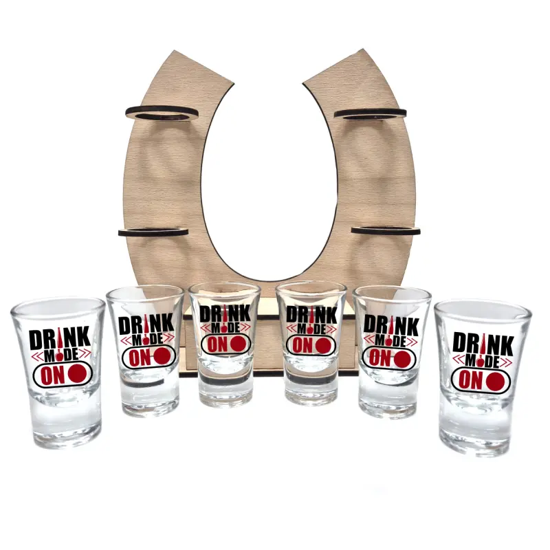 Drink mode on, suport potcoava din lemn cu 6 pahare tip shout, model hgs072